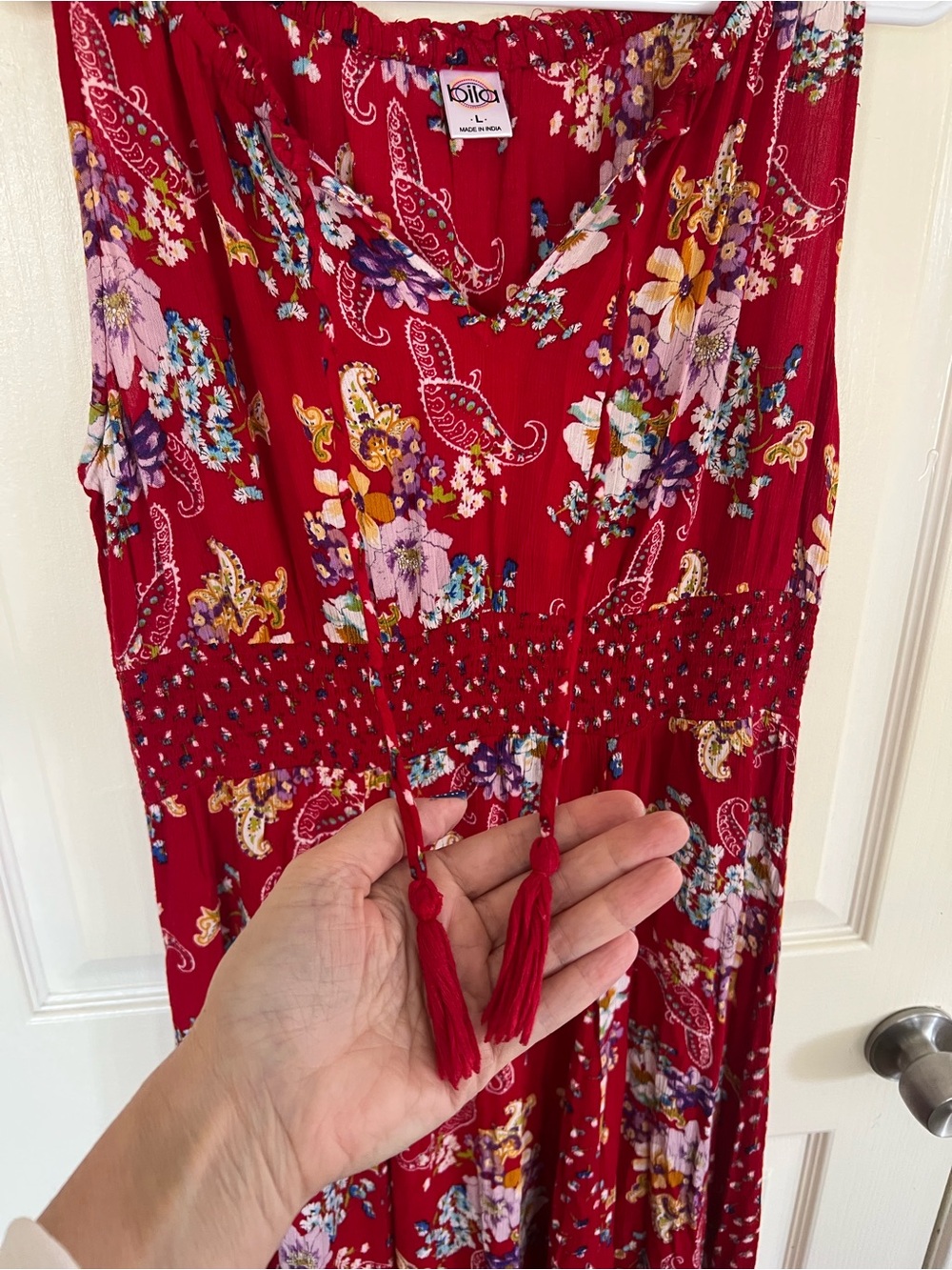 Bila Red Floral Paisley Smocked Waist Boho Maxi Dress L - Picture 4 of 14